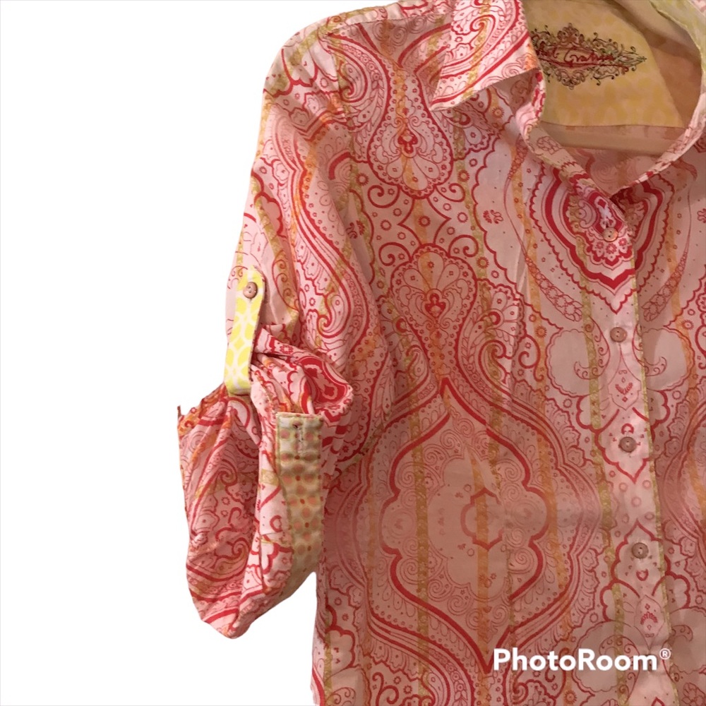 Robert Graham Boho Red And Yellow Button Up - image 4